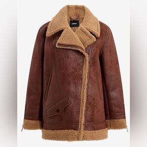 NWT Express  	
FAUX SUEDE SHERPA MOTO JACKET Hickory Shearling Jacket size XS